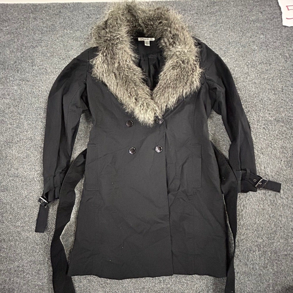 Kenneth Cole Trench Coat Womens Size L Black Faux Fur Collar Belted DoubleBreast